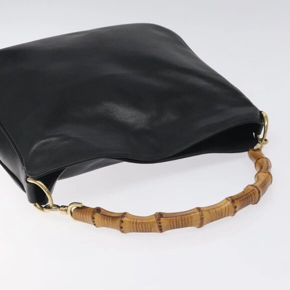 GUCCI Bamboo Hand Bag Leather 2way Black Gold - Picture 6 of 15